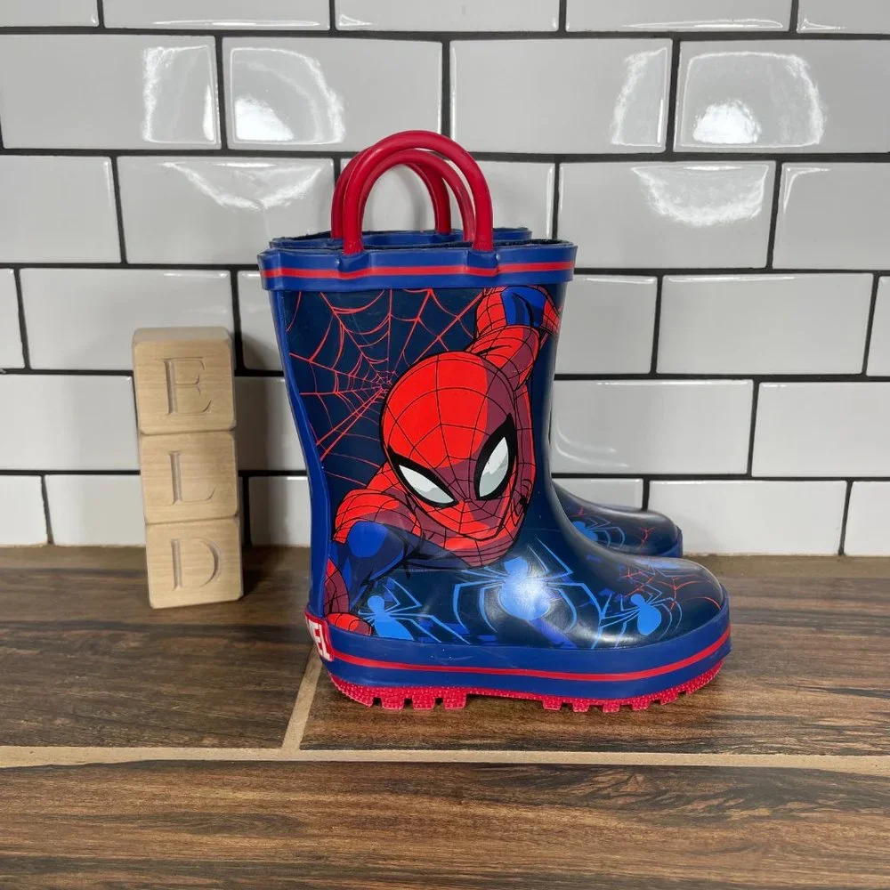 Marvel Comics Unisex Kids Spiderman Multicolor Pull On Mid Calf Rain Boots Sz 6